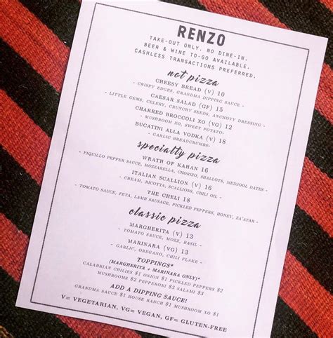 Renzo's bar menu  11AM-10PM